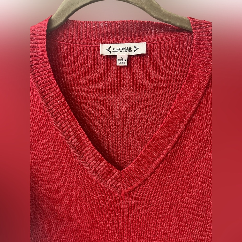 Nanette Lepore glitter red ruffle sshort sleeve top. Size Large #10267 - Picture 2 of 9